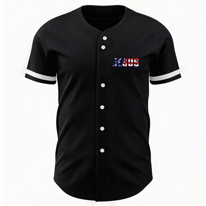 Christianartworkshop Patriotic Jesus Star Stripes Font Front Back Dual Print Black Cuff Baseball Jersey - image 10
