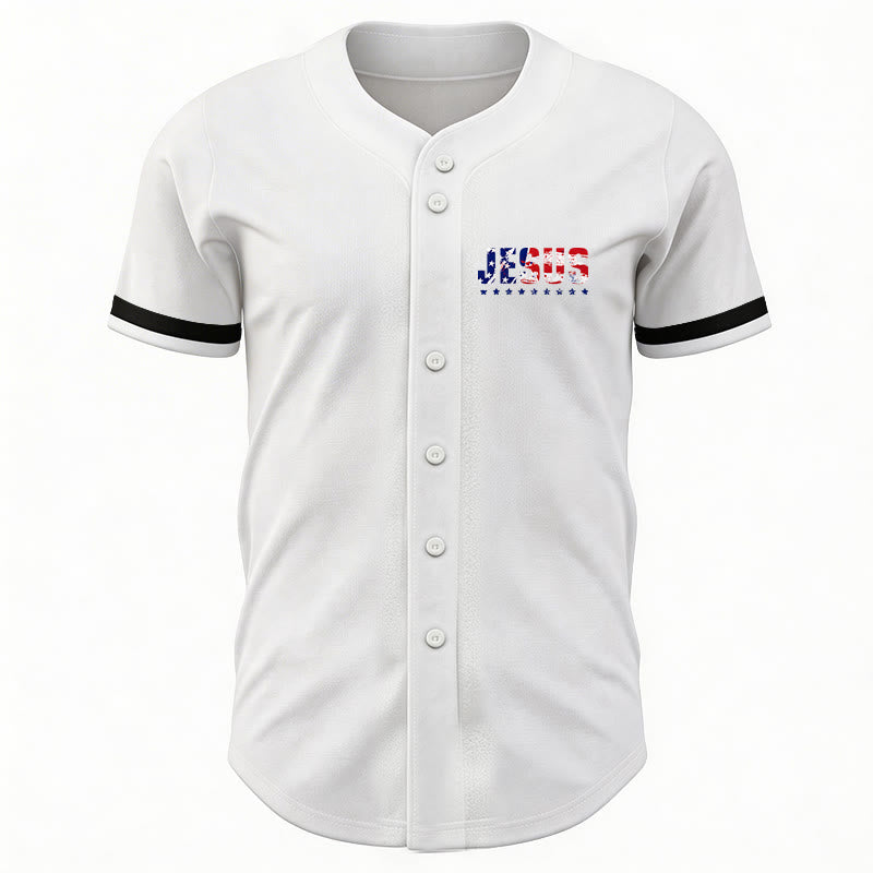 Christianartworkshop Patriotic Jesus Star Stripes Font Front Back Dual Print Black Cuff Baseball Jersey - image 3