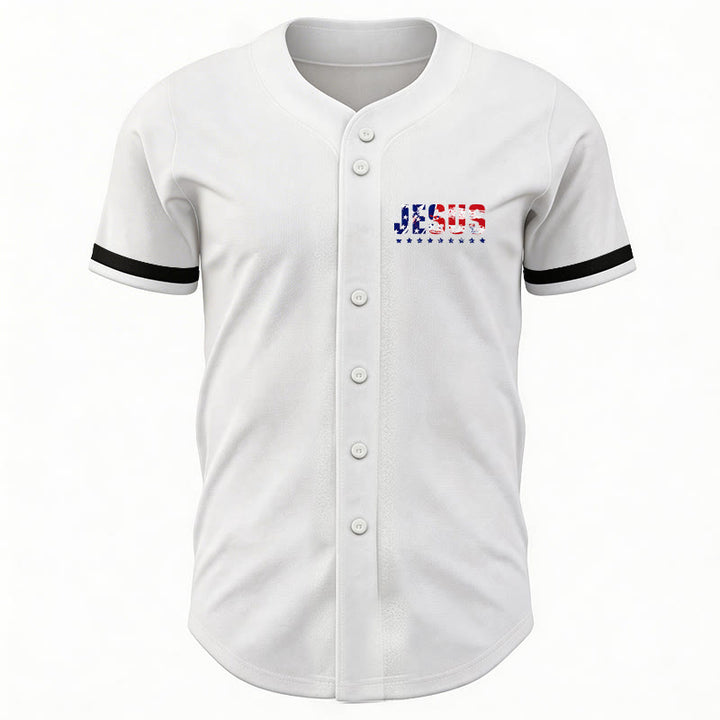 Christianartworkshop Patriotic Jesus Star Stripes Font Front Back Dual Print Black Cuff Baseball Jersey - image 3