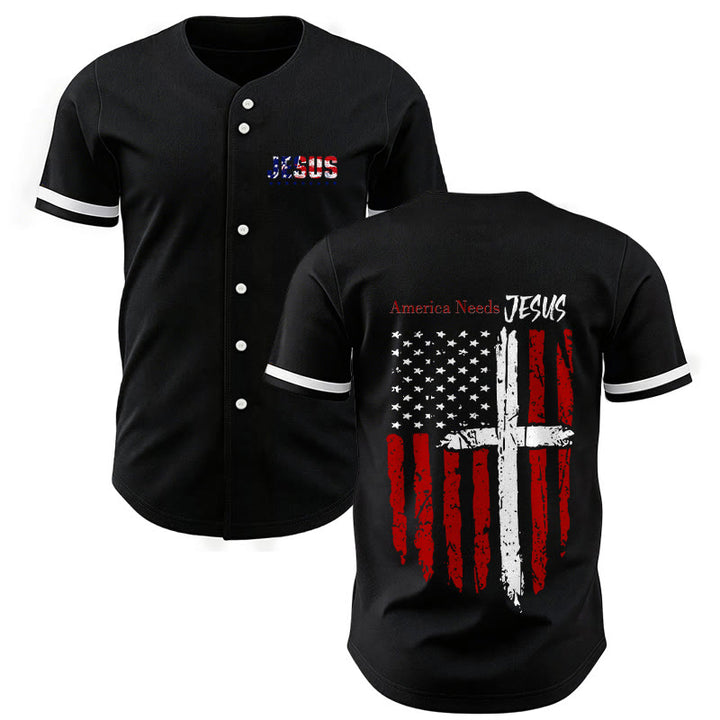 Christianartworkshop Patriotic Jesus Star Stripes Font Front Back Dual Print Black Cuff Baseball Jersey - Black - 5XL - image 7