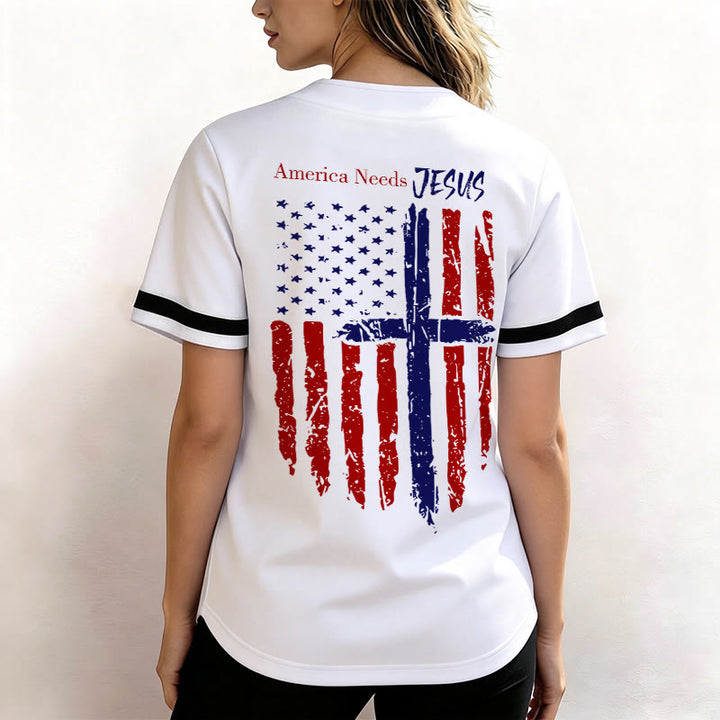 Christianartworkshop Patriotic Jesus Star Stripes Font Front Back Dual Print Black Cuff Baseball Jersey - image 5