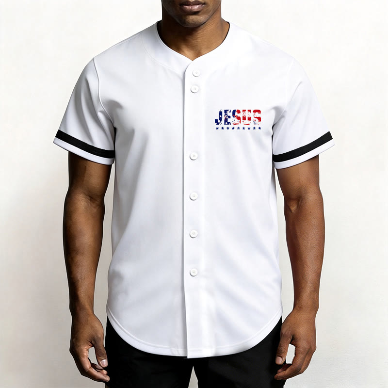 Christianartworkshop Patriotic Jesus Star Stripes Font Front Back Dual Print Black Cuff Baseball Jersey - image 1