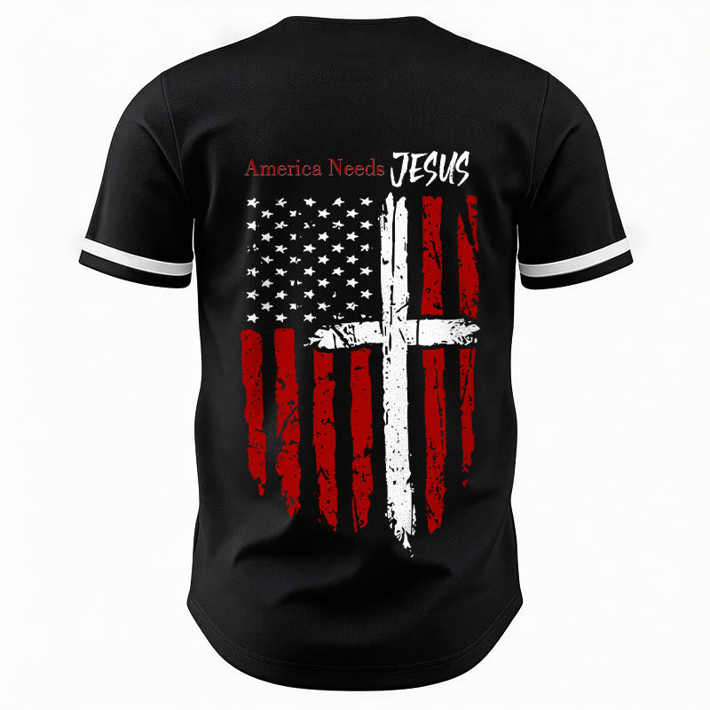 Christianartworkshop Patriotic Jesus Star Stripes Font Front Back Dual Print Black Cuff Baseball Jersey - image 13