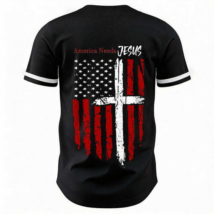 Christianartworkshop Patriotic Jesus Star Stripes Font Front Back Dual Print Black Cuff Baseball Jersey - image 13
