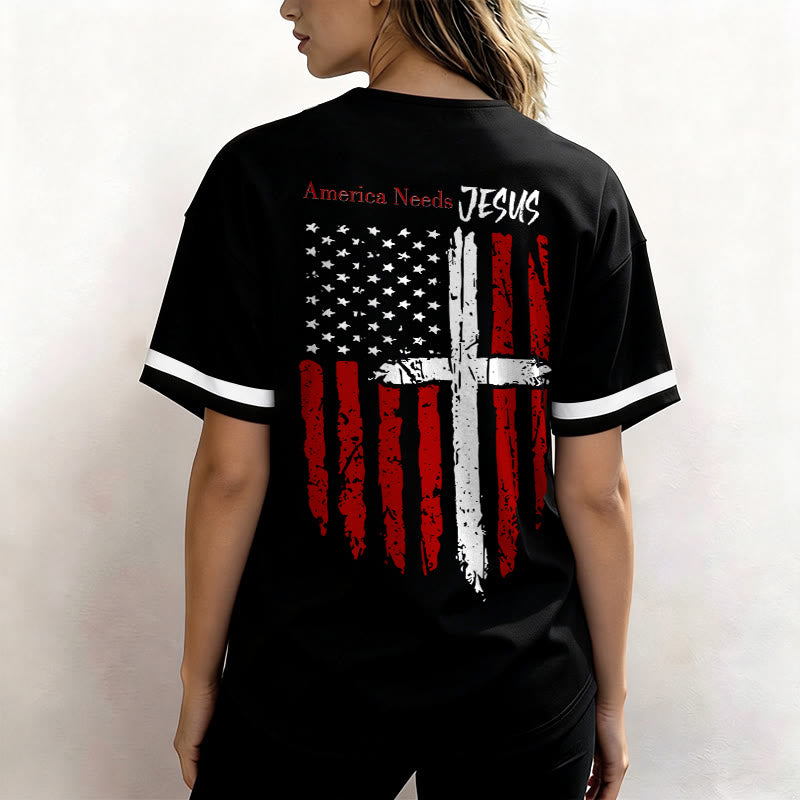 Christianartworkshop Patriotic Jesus Star Stripes Font Front Back Dual Print Black Cuff Baseball Jersey - image 12