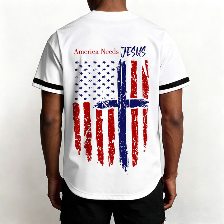 Christianartworkshop Patriotic Jesus Star Stripes Font Front Back Dual Print Black Cuff Baseball Jersey - image 4