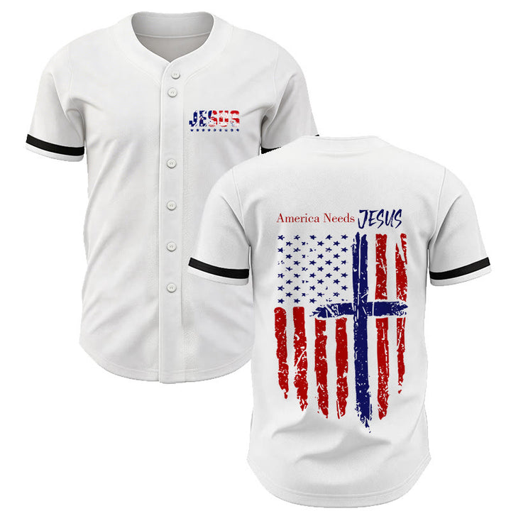 Christianartworkshop Patriotic Jesus Star Stripes Font Front Back Dual Print Black Cuff Baseball Jersey - White - 5XL - image 0