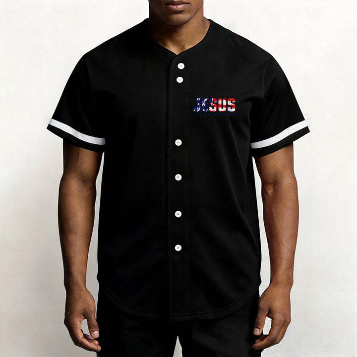 Christianartworkshop Patriotic Jesus Star Stripes Font Front Back Dual Print Black Cuff Baseball Jersey - image 8