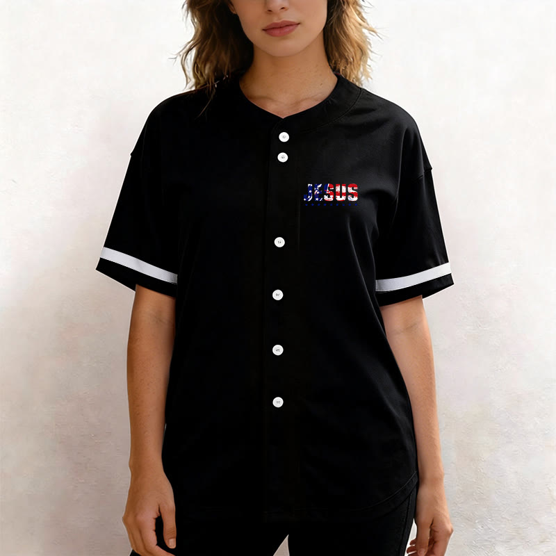 Christianartworkshop Patriotic Jesus Star Stripes Font Front Back Dual Print Black Cuff Baseball Jersey - image 9