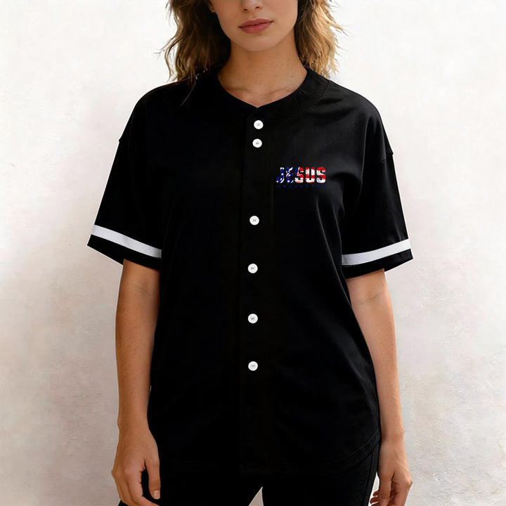 Christianartworkshop Patriotic Jesus Star Stripes Font Front Back Dual Print Black Cuff Baseball Jersey - image 9