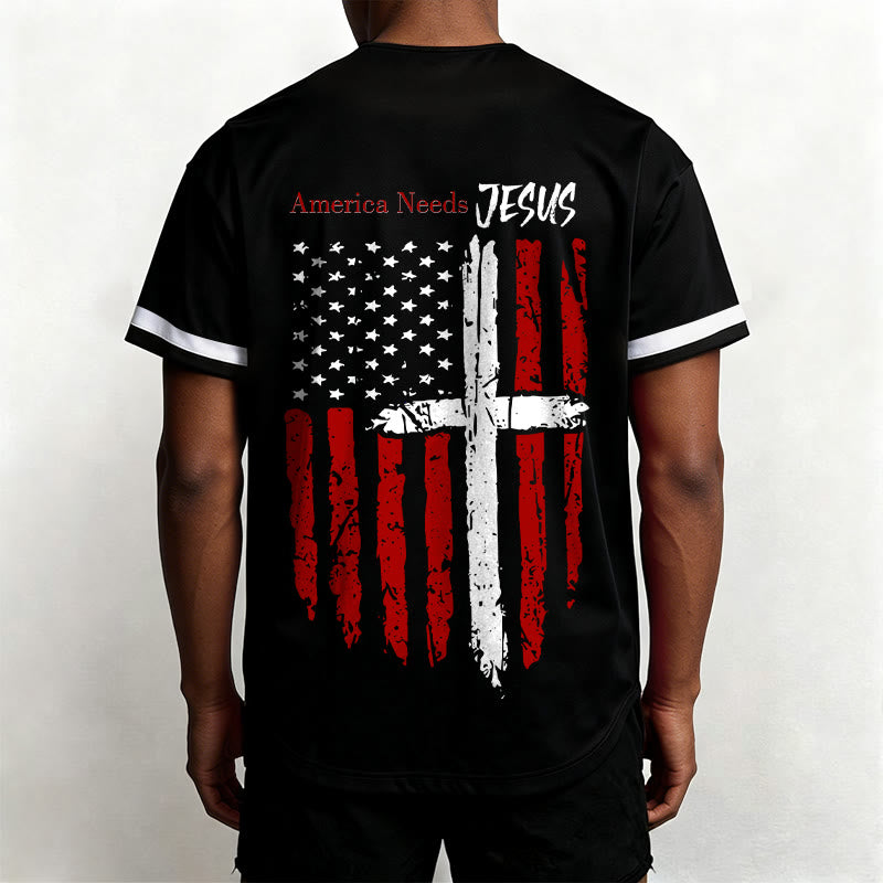 Christianartworkshop Patriotic Jesus Star Stripes Font Front Back Dual Print Black Cuff Baseball Jersey - image 11