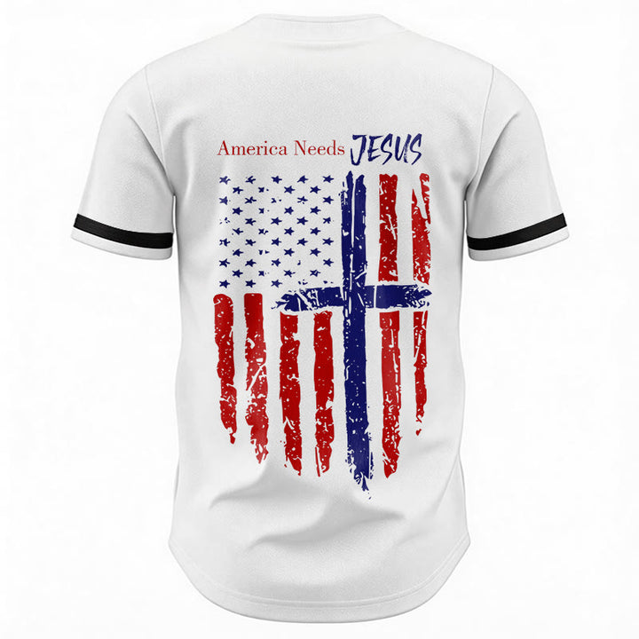 Christianartworkshop Patriotic Jesus Star Stripes Font Front Back Dual Print Black Cuff Baseball Jersey - image 6