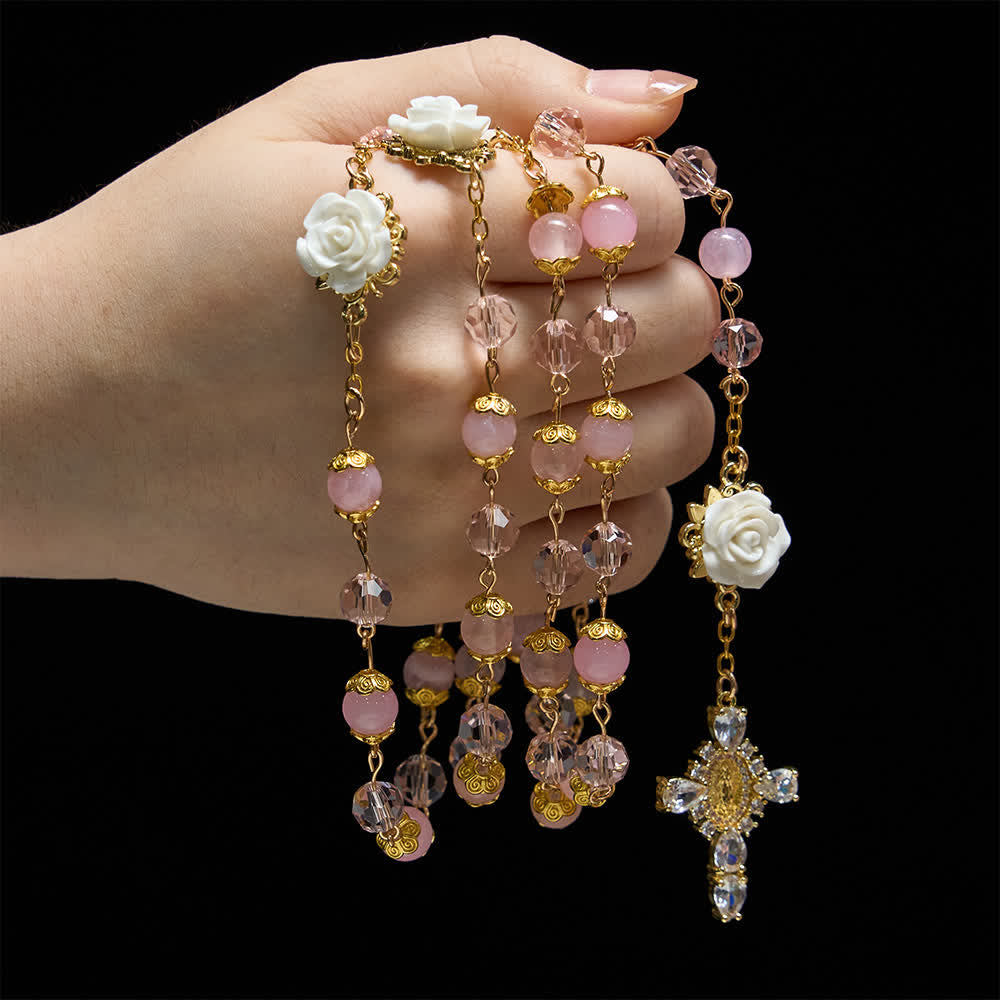 Christianartworkshop Pink Crystal & White Rose Our Lady of Guadalupe Rosary - Our Lady & Cross - image 0