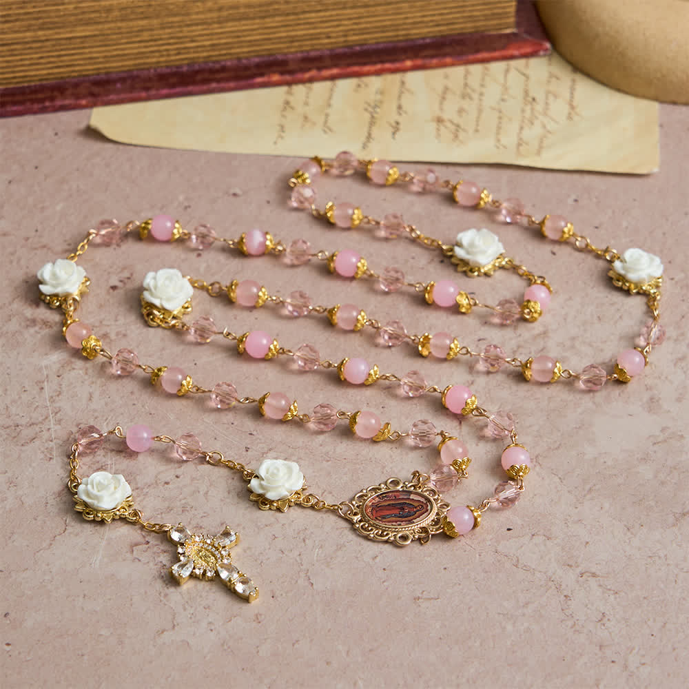 Christianartworkshop Pink Crystal & White Rose Our Lady of Guadalupe Rosary - image 3