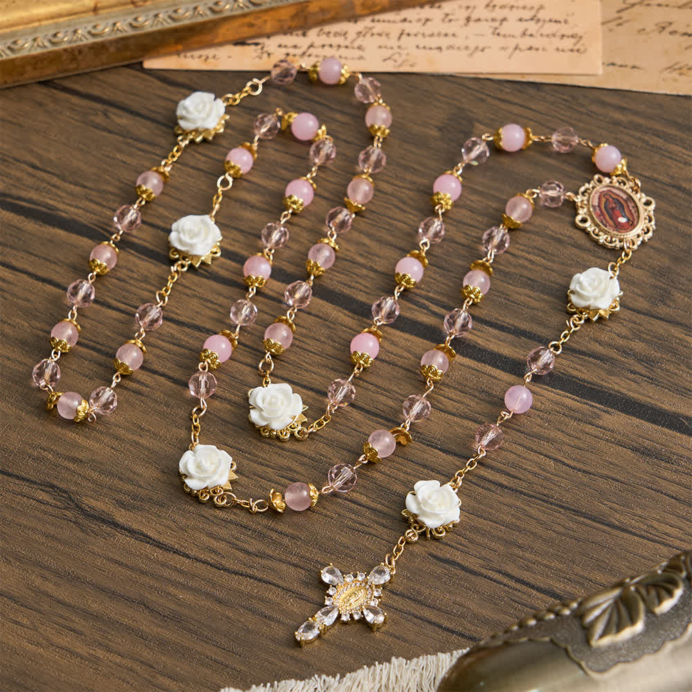 Christianartworkshop Pink Crystal & White Rose Our Lady of Guadalupe Rosary - image 1