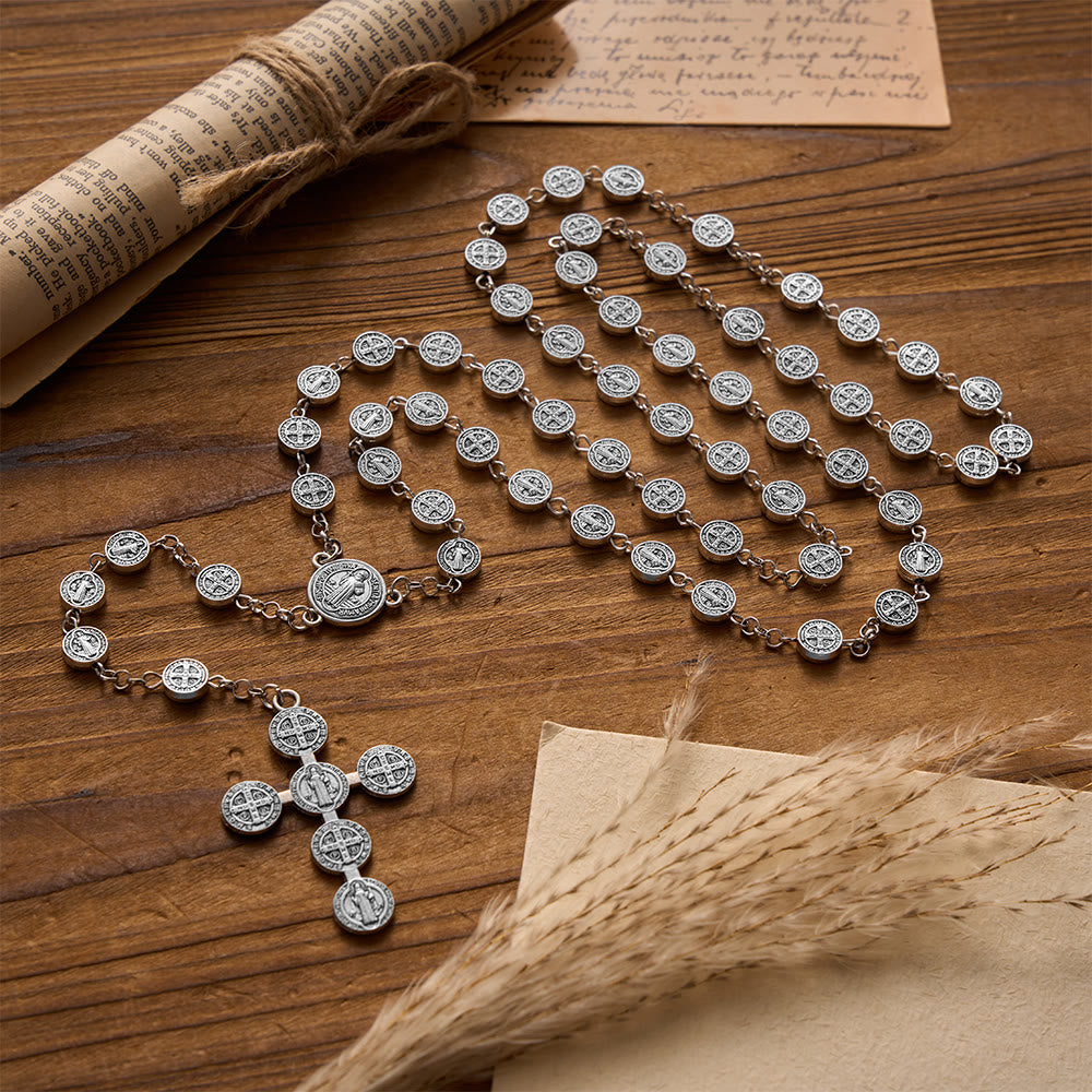 FREE Today: Antique Silver Double-Sided St.Benedict Round Medal Rosary with Combined Medal Cross - image 1