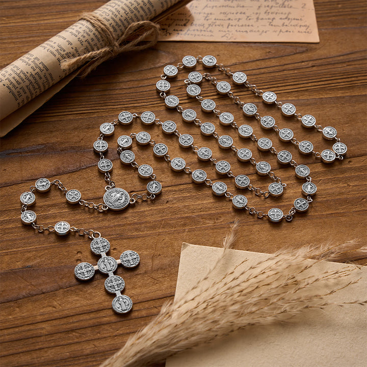 FREE Today: Antique Silver Double-Sided St.Benedict Round Medal Rosary with Combined Medal Cross - image 1