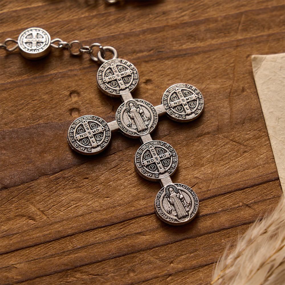 FREE Today: Antique Silver Double-Sided St.Benedict Round Medal Rosary with Combined Medal Cross - image 4