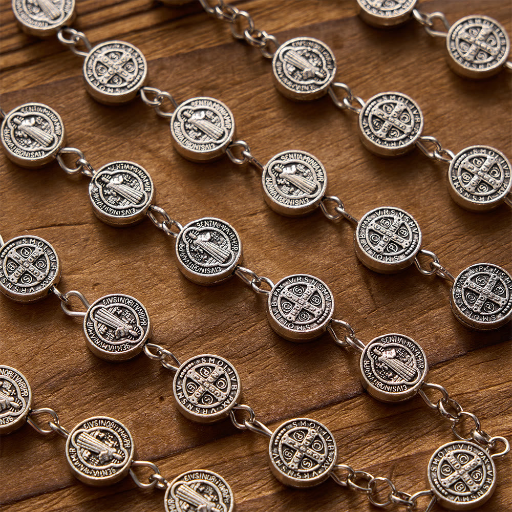 Christianartworkshop Antique Silver Double-Sided St.Benedict Round Medal Rosary with Combined Medal Cross - image 2