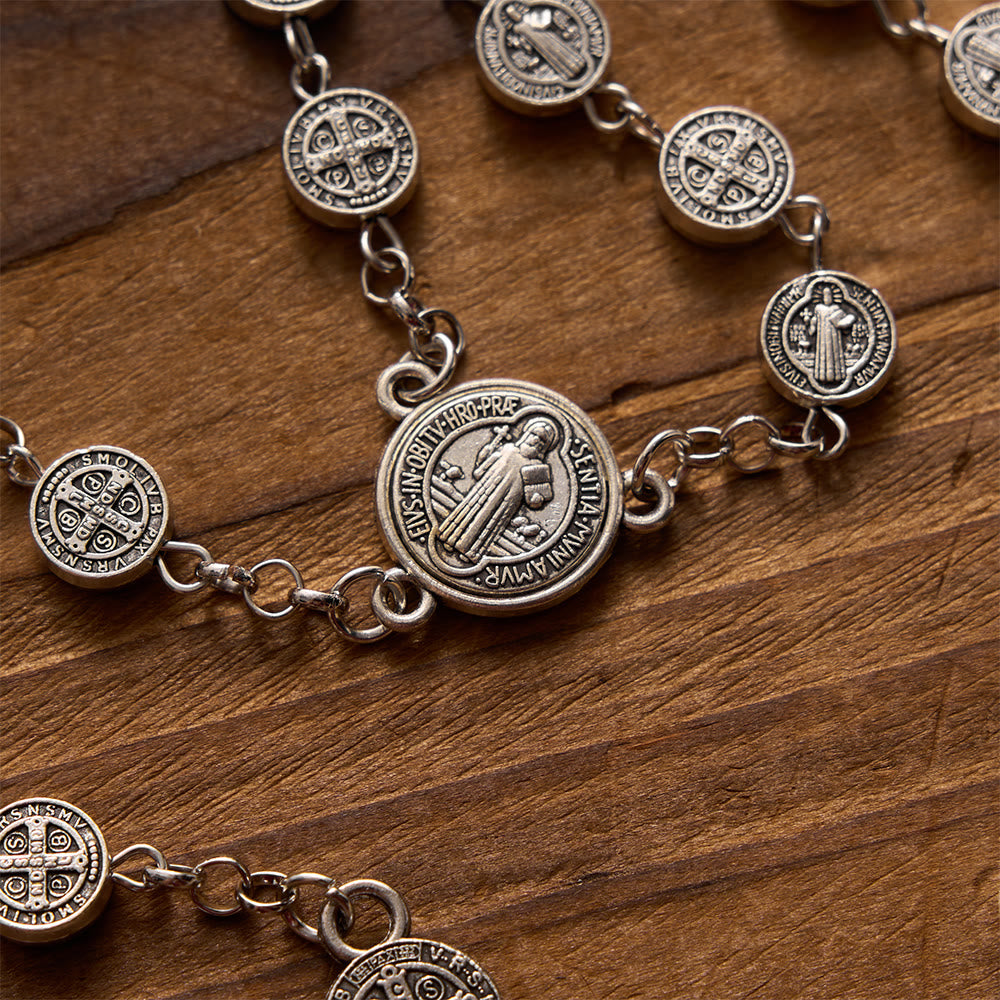 FREE Today: Antique Silver Double-Sided St.Benedict Round Medal Rosary with Combined Medal Cross - image 3