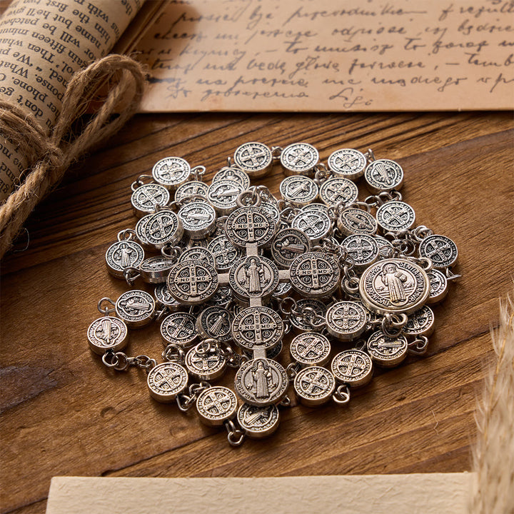 FREE Today: Antique Silver Double-Sided St.Benedict Round Medal Rosary with Combined Medal Cross - St.Benedict Rosary - image 0