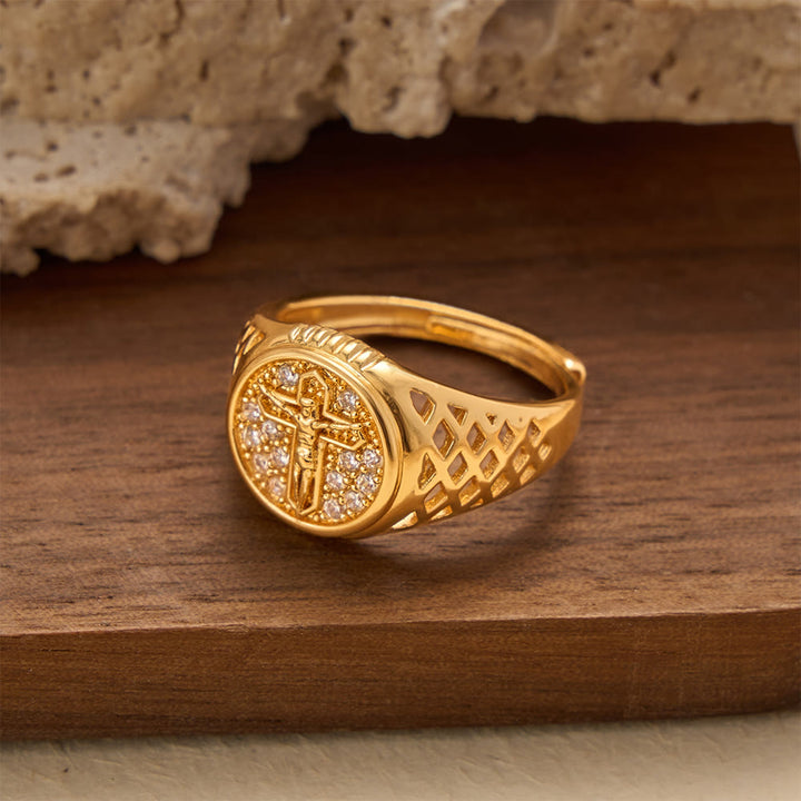 FREE Today: Oval Bezel Pave Zircon Crucifix Signet Ring with Lattice Hollow Band: A Symbol of Redemptive Sacred Grace - image 3