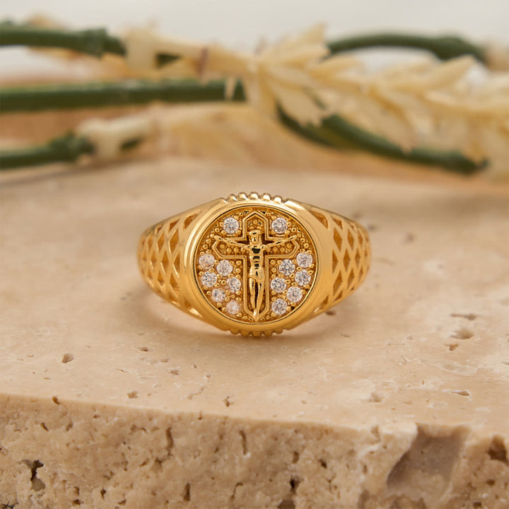 FREE Today: Oval Bezel Pave Zircon Crucifix Signet Ring with Lattice Hollow Band: A Symbol of Redemptive Sacred Grace - Crucifix(Suitable for US 5-8) - image 0
