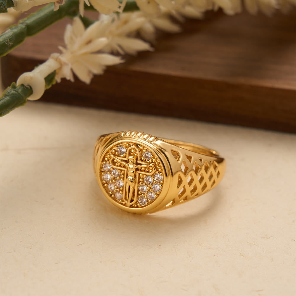FREE Today: Oval Bezel Pave Zircon Crucifix Signet Ring with Lattice Hollow Band: A Symbol of Redemptive Sacred Grace - image 1