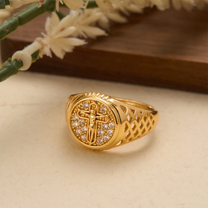 FREE Today: Oval Bezel Pave Zircon Crucifix Signet Ring with Lattice Hollow Band: A Symbol of Redemptive Sacred Grace - image 1