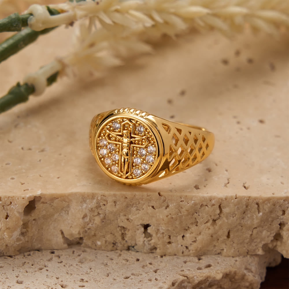 FREE Today: Oval Bezel Pave Zircon Crucifix Signet Ring with Lattice Hollow Band: A Symbol of Redemptive Sacred Grace - image 2