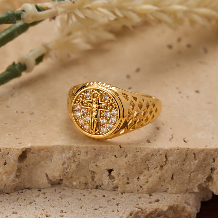 FREE Today: Oval Bezel Pave Zircon Crucifix Signet Ring with Lattice Hollow Band: A Symbol of Redemptive Sacred Grace - image 2
