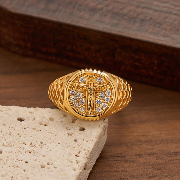 Christianartworkshop Oval Bezel Pave Zircon Crucifix Signet Ring with Lattice Hollow Band: A Symbol of Redemptive Sacred Grace - image 4