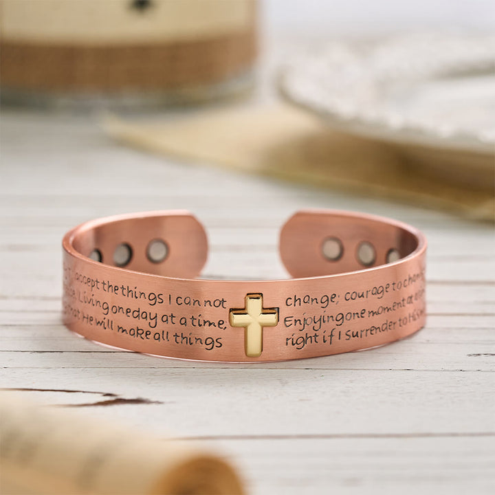 FREE Today: Serenity Prayer Engraved Copper Cuff Bracelet with Gold Inlaid Cross: A Symbol of Peaceful Surrender - Red Copper Cross Bangle - image 0