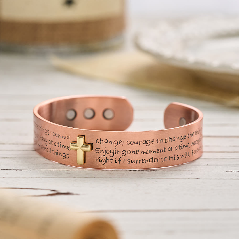 Christianartworkshop Serenity Prayer Engraved Copper Cuff Bracelet with Gold Inlaid Cross: A Symbol of Peaceful Surrender - image 5