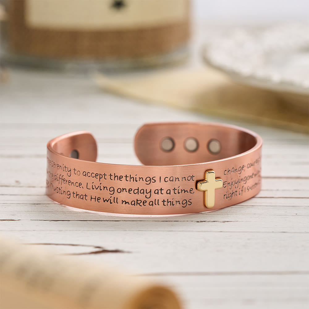FREE Today: Serenity Prayer Engraved Copper Cuff Bracelet with Gold Inlaid Cross: A Symbol of Peaceful Surrender - image 3