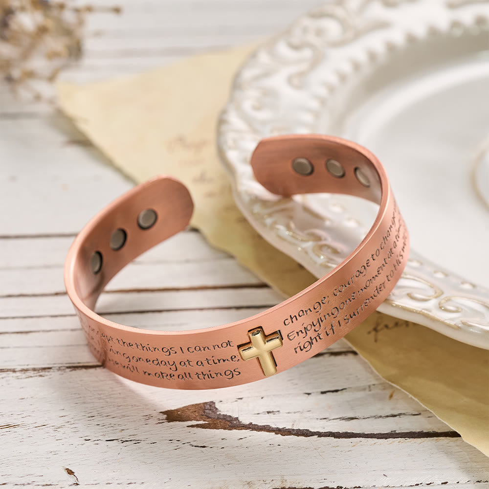 FREE Today: Serenity Prayer Engraved Copper Cuff Bracelet with Gold Inlaid Cross: A Symbol of Peaceful Surrender - image 2