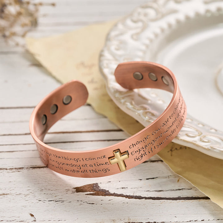 FREE Today: Serenity Prayer Engraved Copper Cuff Bracelet with Gold Inlaid Cross: A Symbol of Peaceful Surrender - image 2