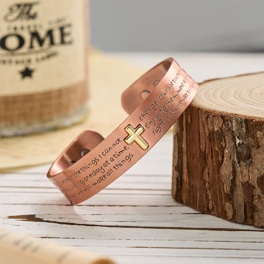FREE Today: Serenity Prayer Engraved Copper Cuff Bracelet with Gold Inlaid Cross: A Symbol of Peaceful Surrender - image 1