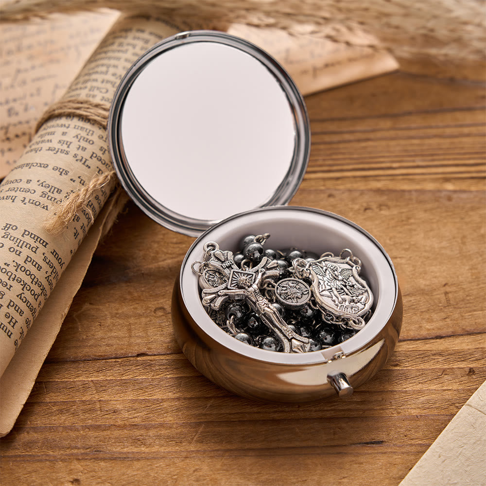 FREE Today: Antique Silver Archangel Medal Hematite Rosary with Matching Engraved Round Box - image 1