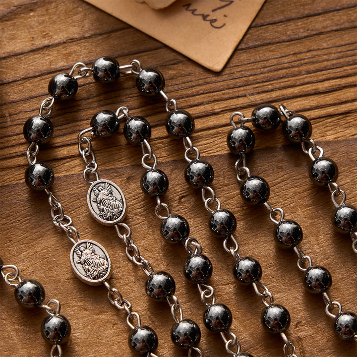FREE Today: Antique Silver Archangel Medal Hematite Rosary with Matching Engraved Round Box - image 3