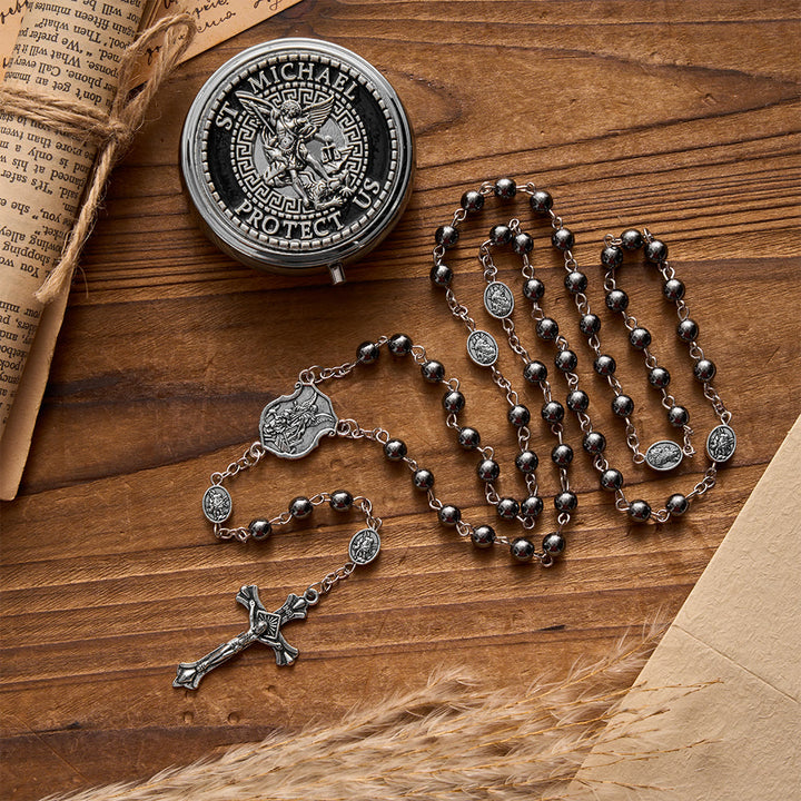 FREE Today: Antique Silver Archangel Medal Hematite Rosary with Matching Engraved Round Box - image 2