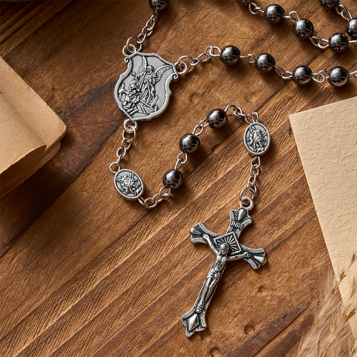 FREE Today: Antique Silver Archangel Medal Hematite Rosary with Matching Engraved Round Box - image 4