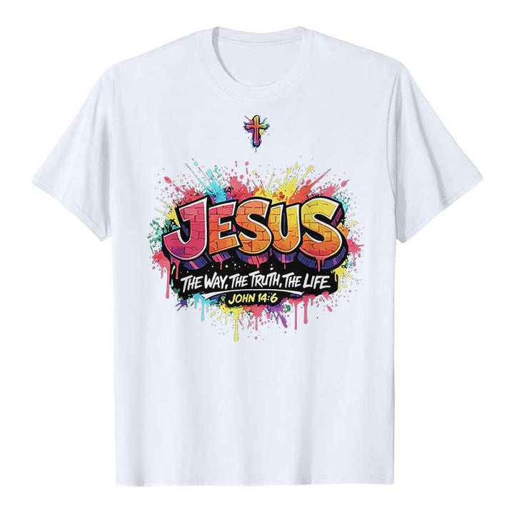 Christianartworkshop "Jesus The Way The Truth The Life John 14:6" Graffiti Splash Cross Premium Short Sleeve T-Shirt - White - 2XL - image 2