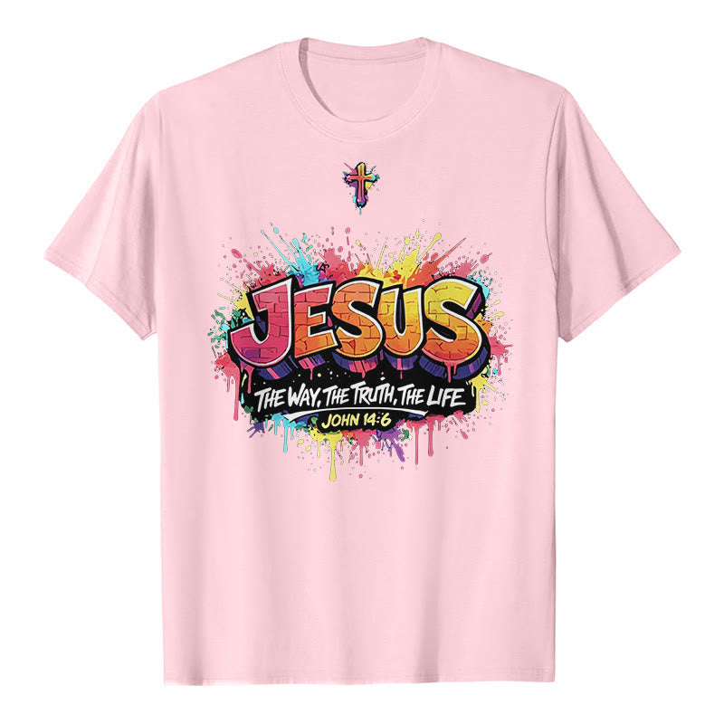 Christianartworkshop "Jesus The Way The Truth The Life John 14:6" Graffiti Splash Cross Premium Short Sleeve T-Shirt - Pink - 2XL - image 3