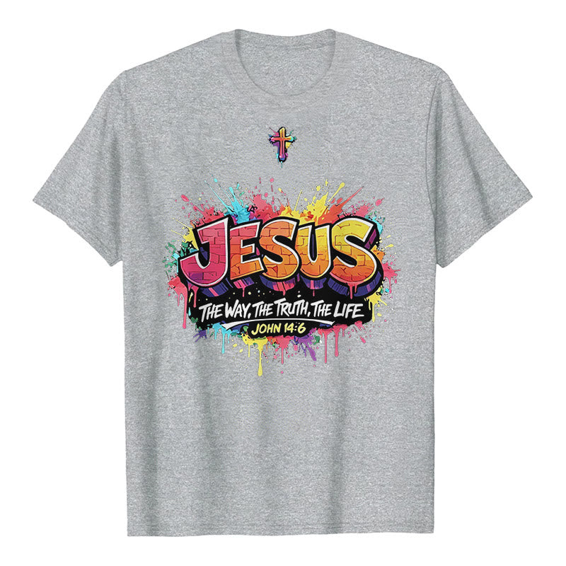 Christianartworkshop "Jesus The Way The Truth The Life John 14:6" Graffiti Splash Cross Premium Short Sleeve T-Shirt - Grey - 2XL - image 1