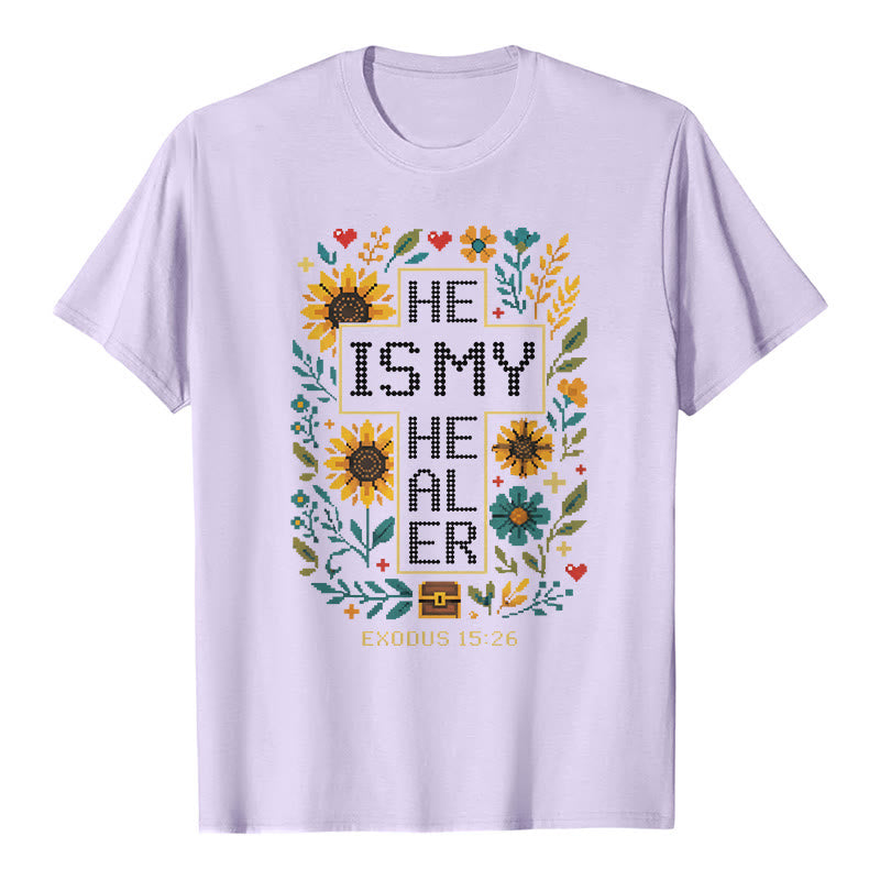 Christianartworkshop Inspirational Exodus 15:26 Floral Cross Stitch Detail Premium Short Sleeve T-Shirt - Purple - 2XL - image 4