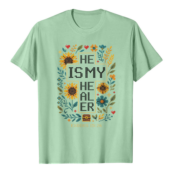 Christianartworkshop Inspirational Exodus 15:26 Floral Cross Stitch Detail Premium Short Sleeve T-Shirt - Light Green - 2XL - image 5