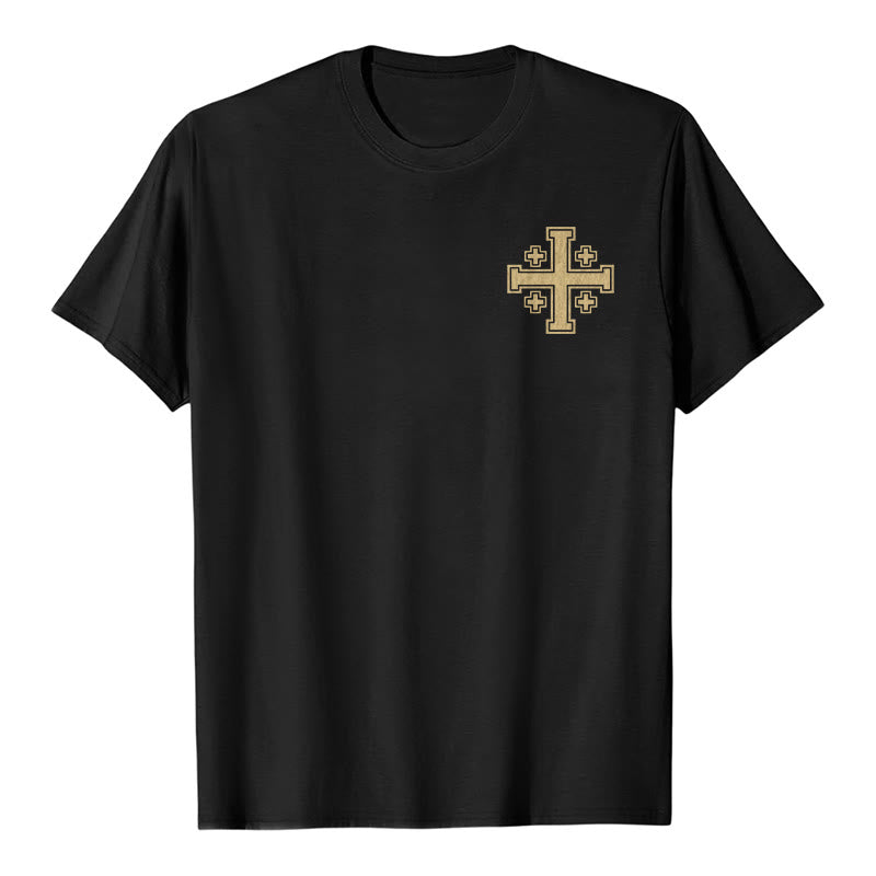 Christianartworkshop Vintage Distressed Jerusalem Cross Dual Side Scripture Faith Premium Short Sleeve T-Shirt - image 1