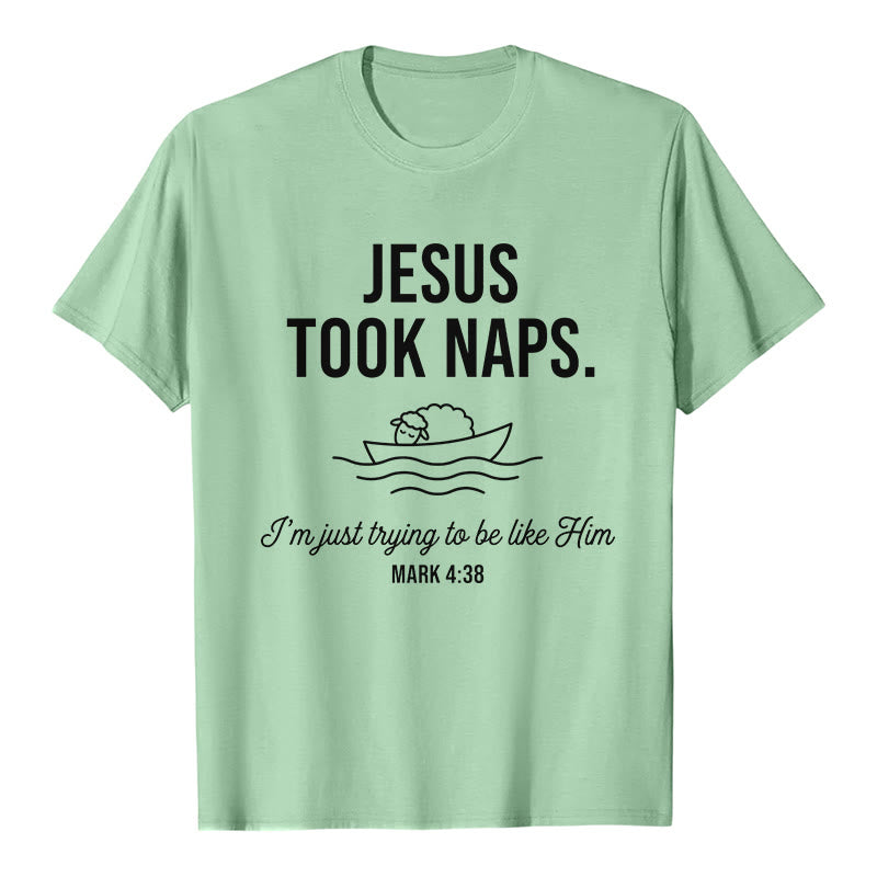 Christianartworkshop Funny Faith Quote Napping Lamb On Boat Minimal Line Graphic Premium Short Sleeve T-Shirt - Light Green - 2XL - image 5