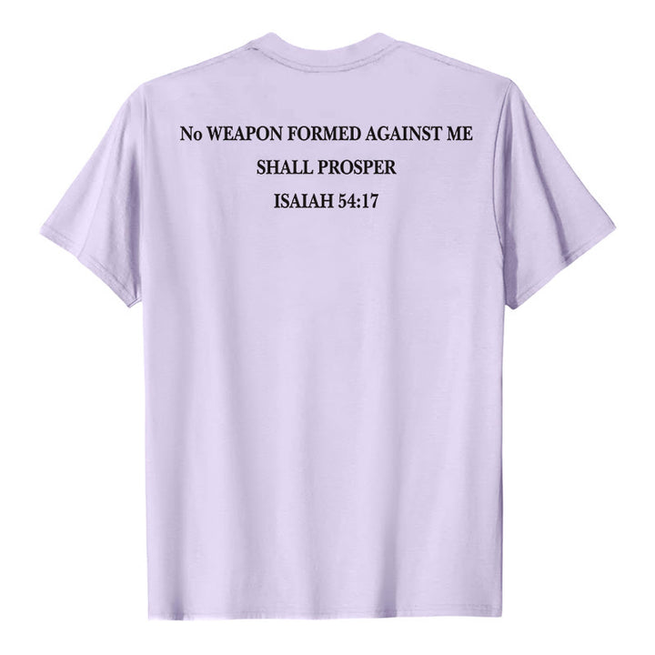 Christianartworkshop No Weapon Formed Against Me Shall Prosper Isaiah 54:17 Front Cross Back Scripture Premium Short Sleeve T-Shirt - image 14